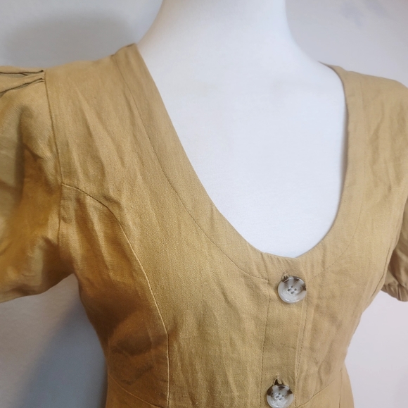GILLIA 100% LINEN BUTTON UP ROUND NECK SHORT SLEEVES MUSTARD MINIDRESS SZ SMALL - Picture 4 of 16